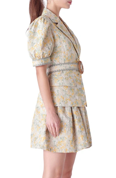 English Factory Floral Embroidered Puff Sleeve Blazer In Tan Multi