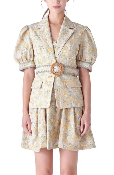 English Factory Floral Embroidered Puff Sleeve Blazer In Tan Multi
