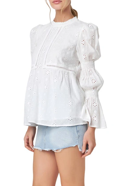 English Factory Eyelet Long Sleeve Cotton Top In White