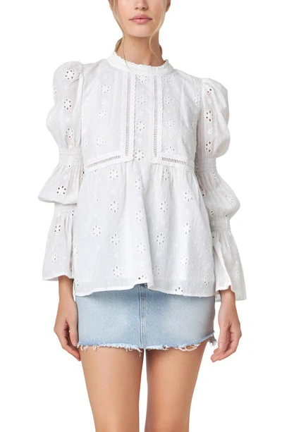 English Factory Eyelet Long Sleeve Cotton Top In White