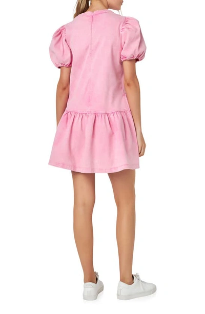 Shop English Factory Mixed Media Puff Sleeve Denim Minidress In Pink