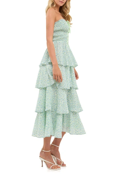 Shop Endless Rose Floral Print Tiered Strapless Dress In Blue
