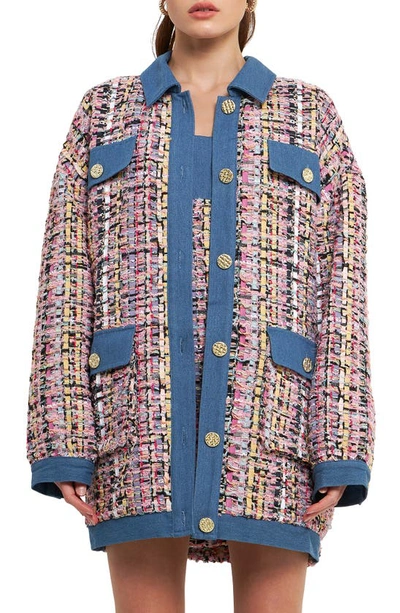 Endless Rose Tweed Denim Jacket In Pink Multi