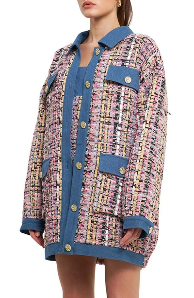 Shop Endless Rose Tweed & Denim Oversize Shacket In Pink Multi