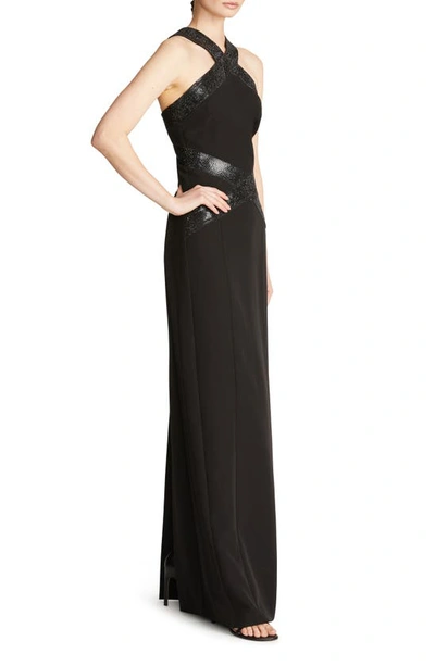 Shop Halston Joyce Sequin Detail Halter Neck Crepe Gown In Black