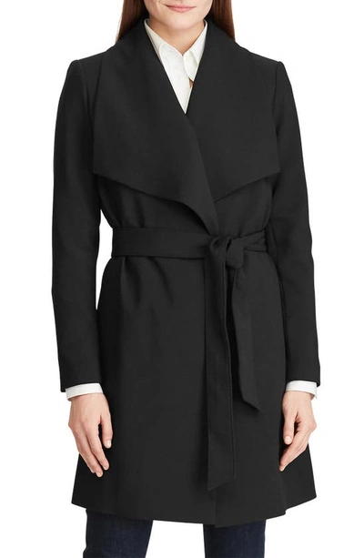 Shop Lauren Ralph Lauren Drape Lapel Crepe Belted Coat In Black