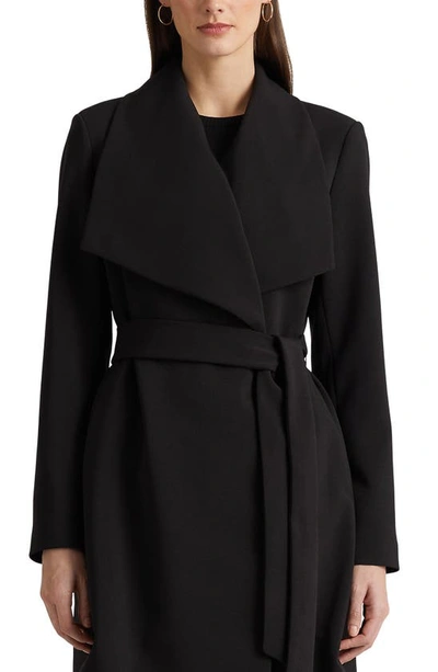 Shop Lauren Ralph Lauren Drape Lapel Crepe Belted Coat In Black