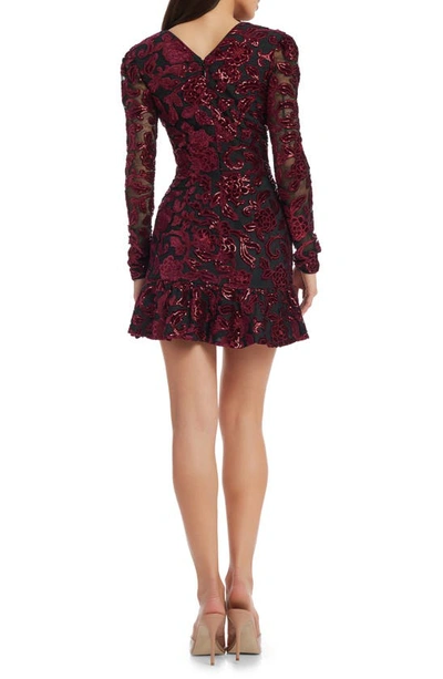 Shop Dress The Population Kelsey Sequin Floral Long Sleeve Minidress In Burgundy-black