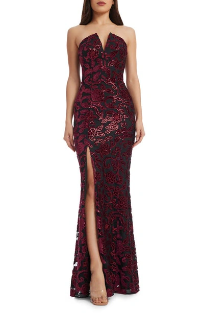 Shop Dress The Population Fernanda Floral Sequin Strapless Evening Gown In Burgundy-black