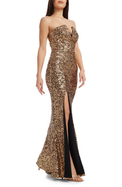 Dress The Population Fernanda Sequin Strapless Gown In Gold In Gold