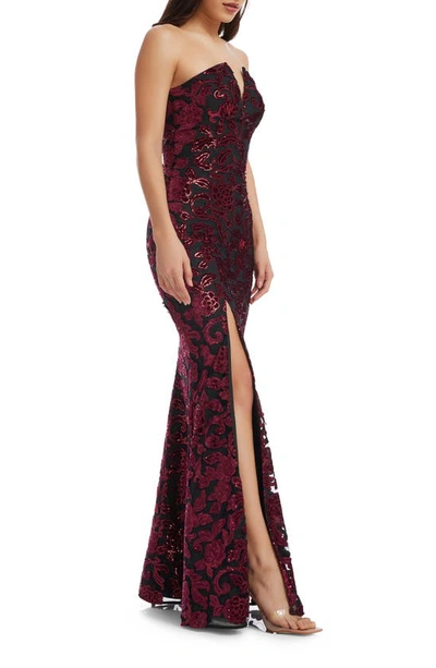 Shop Dress The Population Fernanda Floral Sequin Strapless Evening Gown In Burgundy-black