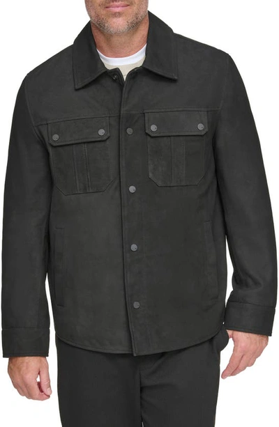 Shop Andrew Marc Laredo Leather Overshirt In Black