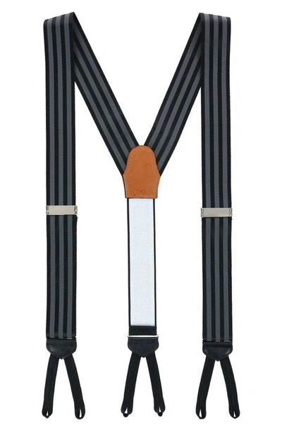 Shop Trafalgar Astaire Grosgrain Stripe Silk Suspenders In Black With Grey Stripe