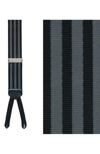 Shop Trafalgar Astaire Grosgrain Stripe Silk Suspenders In Black With Grey Stripe