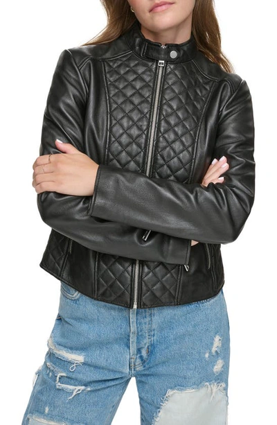 Shop Andrew Marc Quilted Panel Leather Jacket In Black