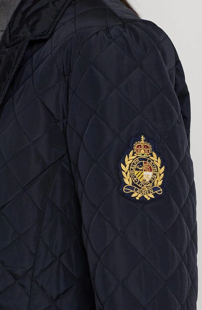 Shop Lauren Ralph Lauren Crest Embroidered Quilted Double Breasted Coat In Dk Navy
