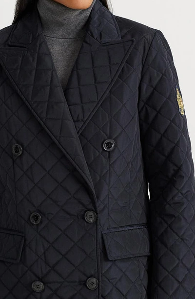 Shop Lauren Ralph Lauren Crest Embroidered Quilted Double Breasted Coat In Dk Navy