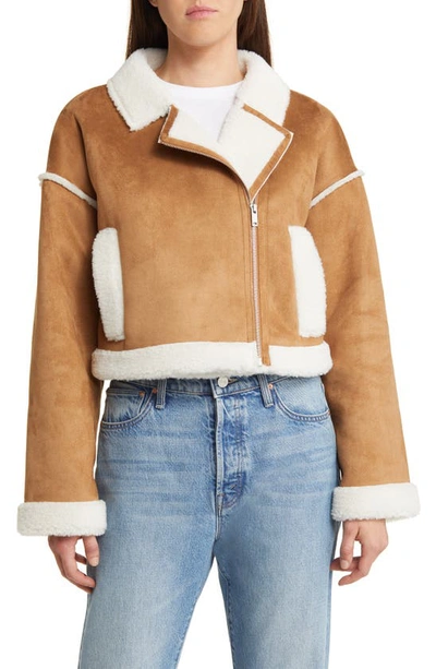 Shop Ugg Takara Luxe Fluff Faux Shearling Crop Moto Jacket In Chestnut