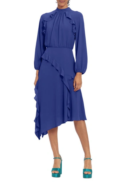 Shop Donna Morgan For Maggy Ruffle Long Sleeve Midi Dress In Sodalite Blue