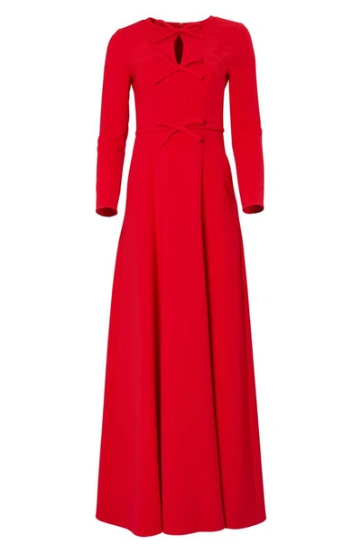 Shop Carolina Herrera Pleated Triple Bow Cutout Long Sleeve Gown In Poppy
