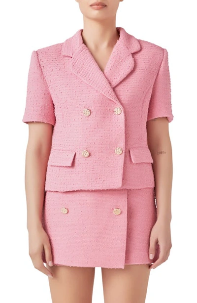 Shop Endless Rose Double Breasted Short Sleeve Tweed Blazer In Baby Pink