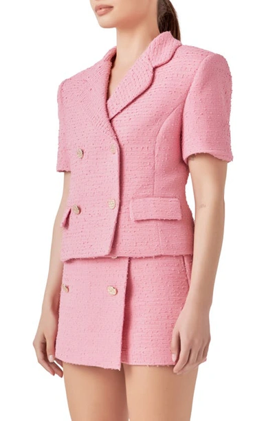 Shop Endless Rose Double Breasted Short Sleeve Tweed Blazer In Baby Pink