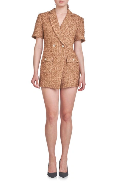 Shop Endless Rose Double Breasted Tweed Romper In Brown