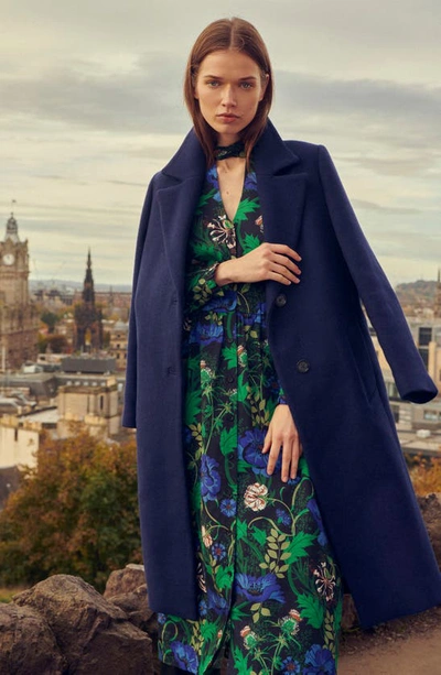 Barbour Angelina Longline Wool Blend Coat In Azure Blue/ Dark Navy