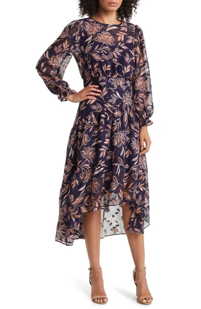 Shop Eliza J Floral Long Sleeve Tiered Chiffon Dress In Navy