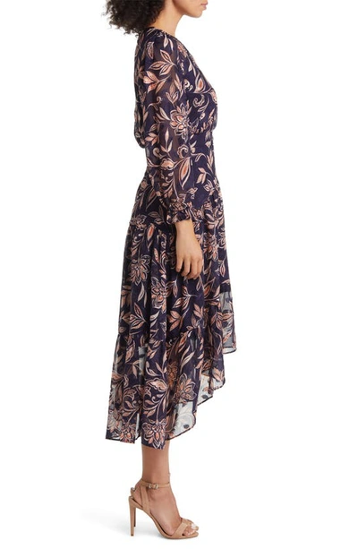 Shop Eliza J Floral Long Sleeve Tiered Chiffon Dress In Navy