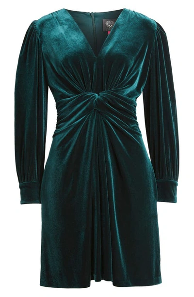 Shop Vince Camuto Twist Front Long Sleeve Velvet Fit & Flare Dress In Hunter