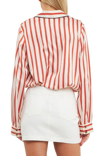 Shop English Factory Striped Satin Button-up Shirt In Cream/ Burnt Orange