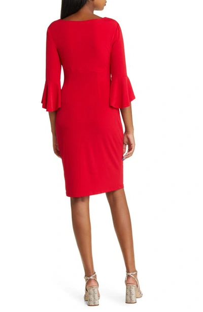 Shop Connected Apparel Ruched Bell Sleeve Faux Wrap Cocktail Dress In Apple Red
