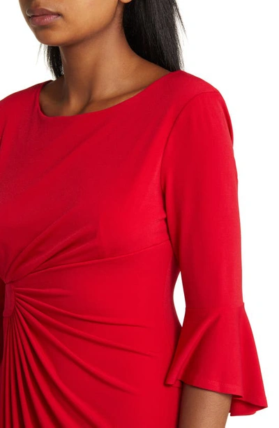 Shop Connected Apparel Ruched Bell Sleeve Faux Wrap Cocktail Dress In Apple Red