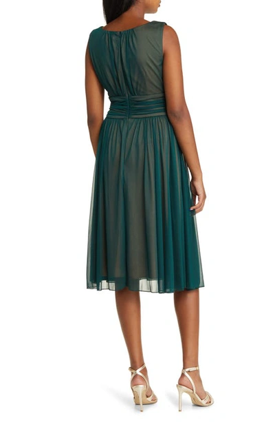 Shop Connected Apparel Chiffon Overlay Fit & Flare Dress In Hunter/ Gold
