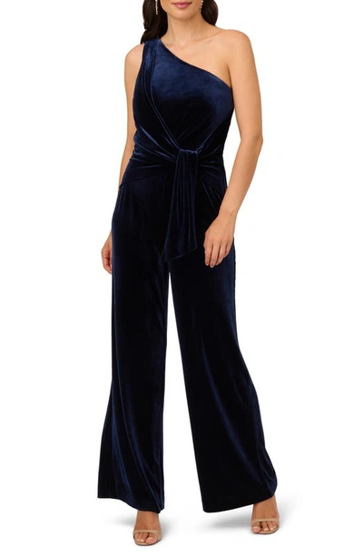 Adrianna Papell One-shoulder Velvet Jumpsuit In Midnight