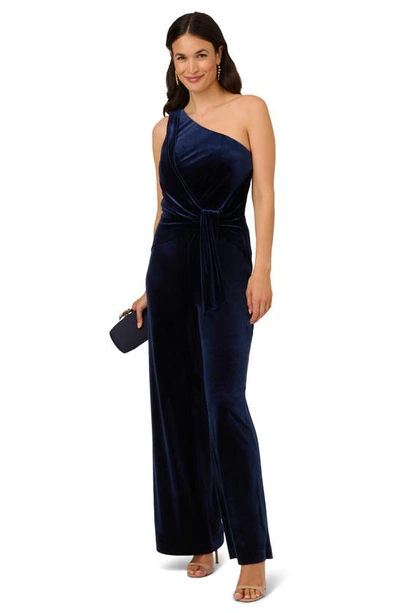 Adrianna Papell One-shoulder Velvet Jumpsuit In Midnight
