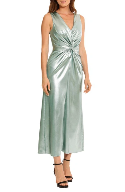 Maggy London Front Twist Satin Maxi Dress In Silver/green