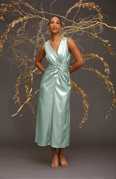 Maggy London Front Twist Satin Maxi Dress In Silver/green