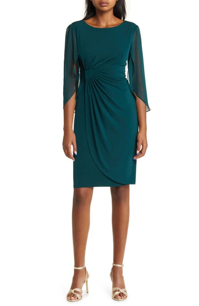 Shop Connected Apparel Sheer Sleeve Dress In Hunter