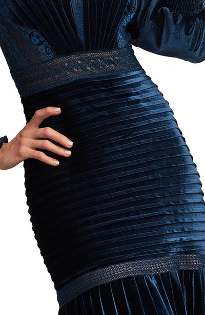 Shop Tadashi Shoji Avalon Pleated Velvet Cocktail Midi Dress In Navy