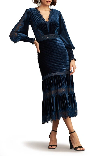 Shop Tadashi Shoji Avalon Pleated Velvet Cocktail Midi Dress In Navy