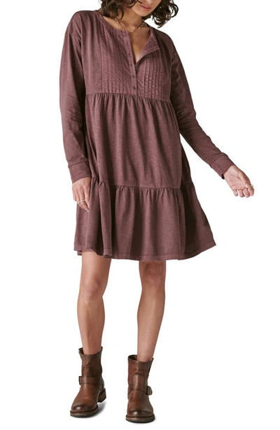 Shop Lucky Brand Pintuck Long Sleeve Tiered Cotton Henley Dress In Huckleberry