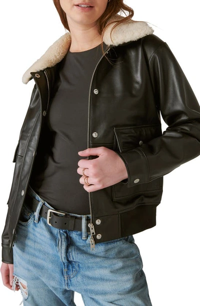 Shop Lucky Brand Faux Shearling Collar Leather Bomber Jacket In Black