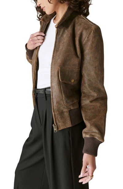 Shop Lucky Brand Distressed Leather Bomber Jacket In Brown