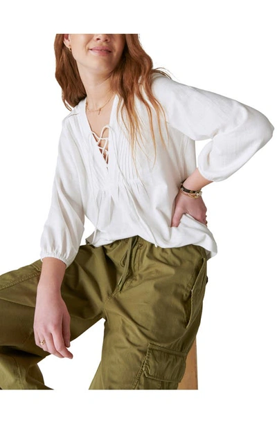 Shop Lucky Brand Lace-up Cotton Peasant Blouse In Cloud Dancer