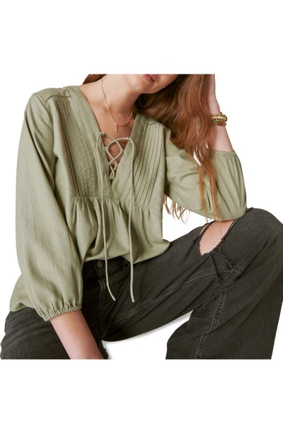 Shop Lucky Brand Lace-up Cotton Peasant Blouse In Olive