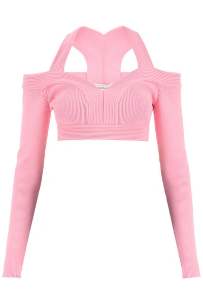 Shop Alexander Mcqueen Off-the-shoulder Knit Crop Top In Pink