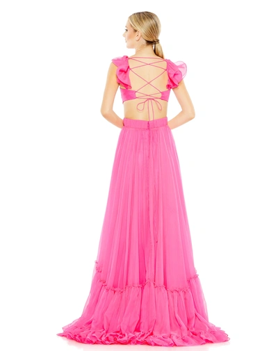 Shop Mac Duggal Ruched Ruffled Shoulder Cut Out Lace Up Gown In Hot Pink