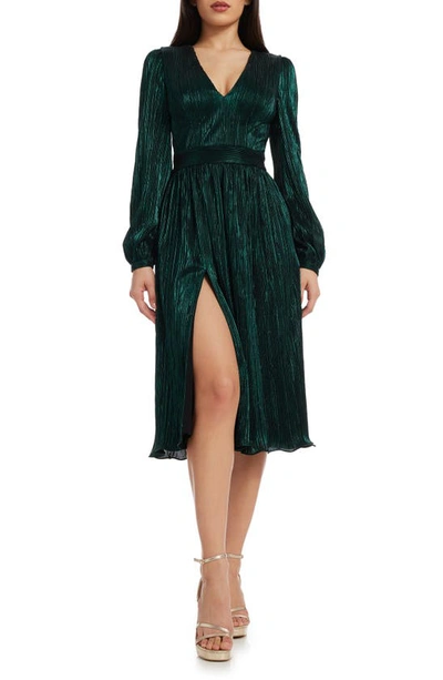Shop Dress The Population Holly Long Sleeve Metallic Plissé Dress In Deep Emerald